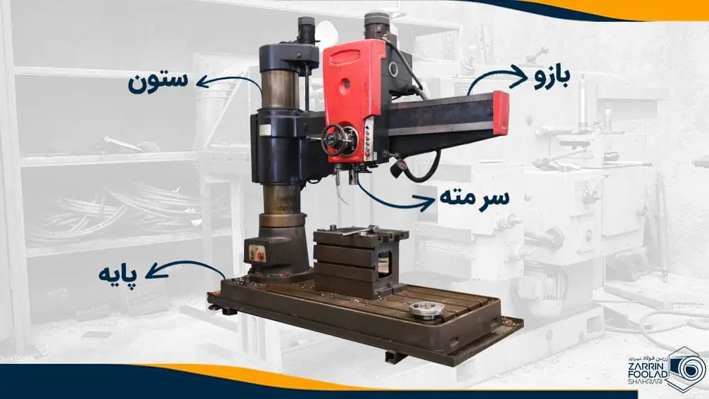 نمایش بخش‌های مختلف دریل رادیال کم‌کارکرد با بازوی 160 سانتی متری و موس اسپیندل مورس 5 مثل بازو، سرمته، ستون و پایه